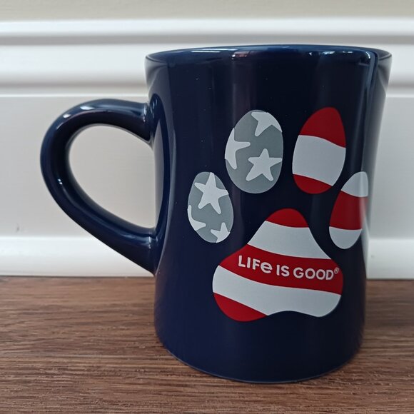 Life is Good Blue Coffee Cup Mug Paw Print Flag Patriotic - Picture 1 of 4